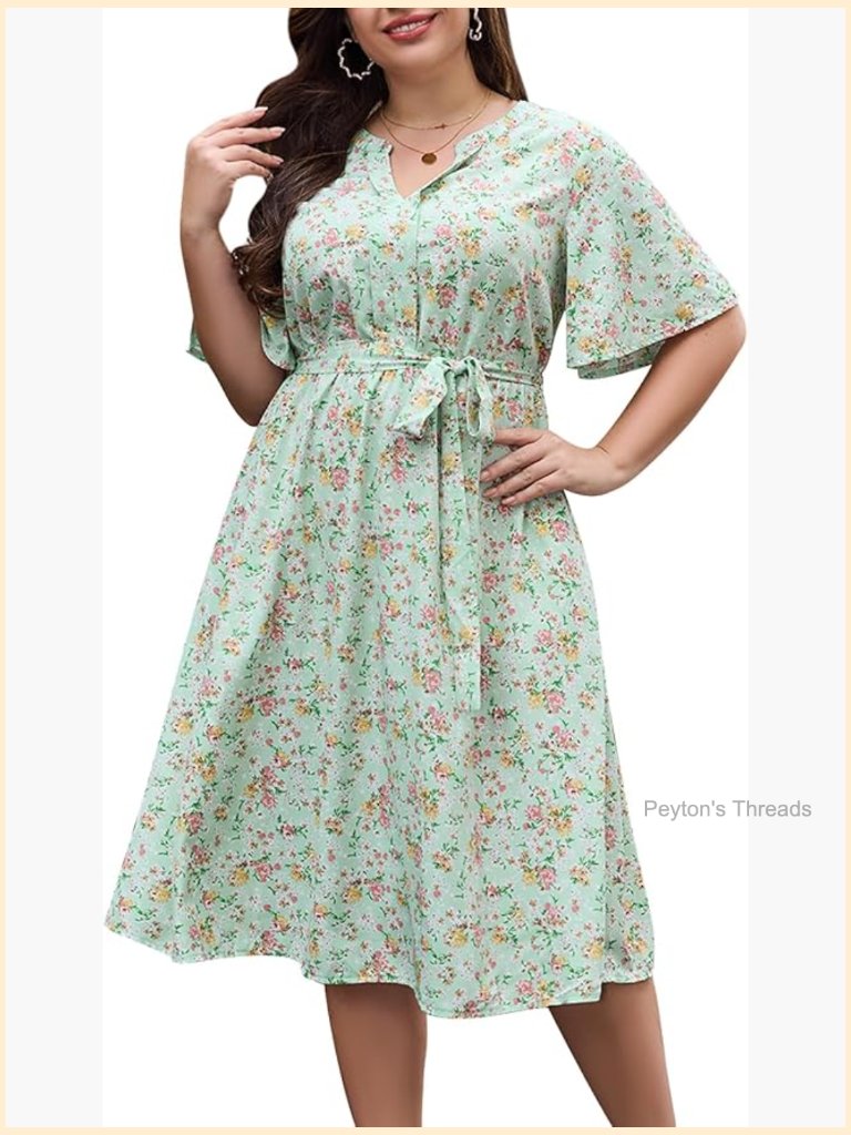 Plus Size Floral V-Neck A-Line Dress With Pockets